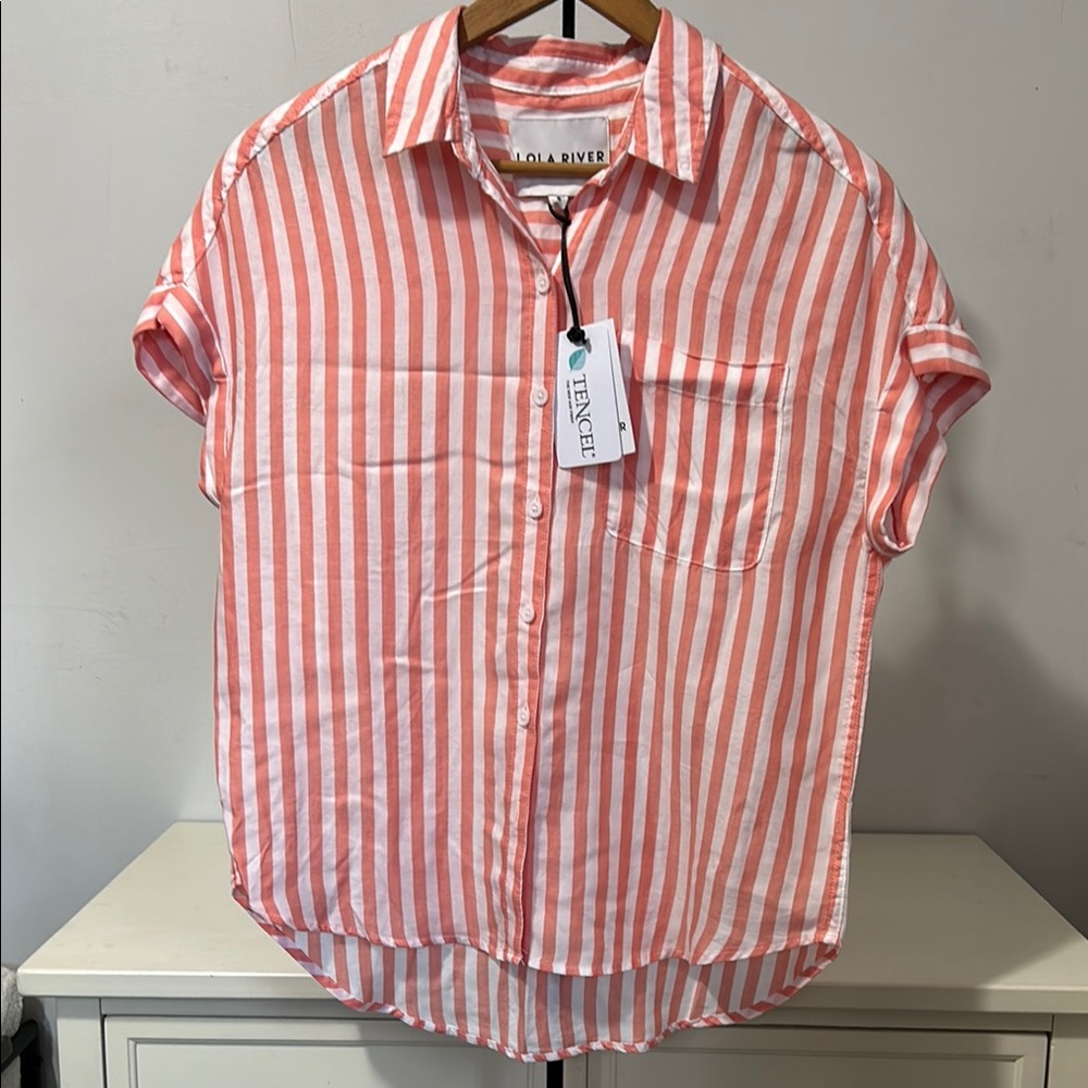 White and Orange Striped Button-Up Shirt